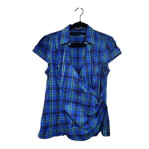 Express Design Studio Blue & Green Plaid Short Sleeve Wrap Blouse Womens L